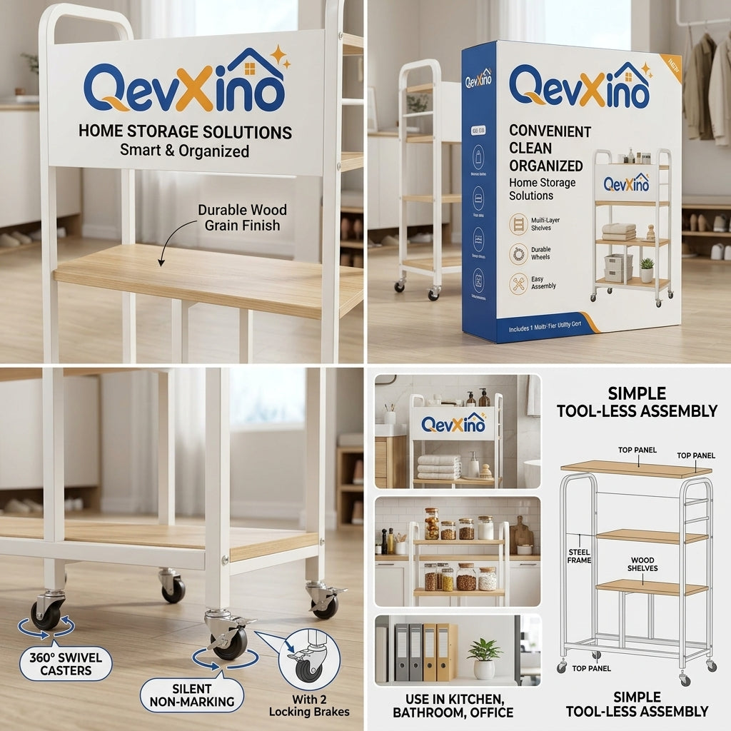 QevXino™ 3-Tier Rolling Utility Cart with Wood Shelves & Lockable Wheels, Heavy-Duty Mobile Storage Organizer for Bathroom, Laundry & Living Room