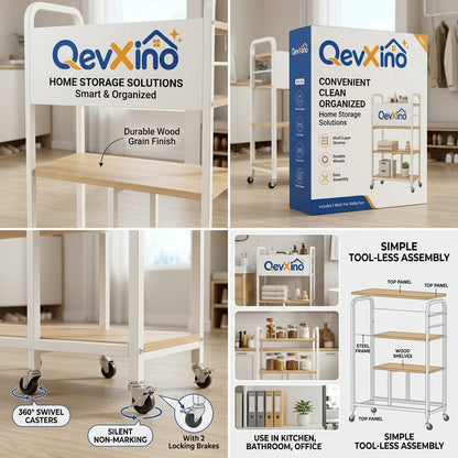 QevXino™ 3-Tier Rolling Utility Cart with Wood Shelves & Lockable Wheels, Heavy-Duty Mobile Storage Organizer for Bathroom, Laundry & Living Room
