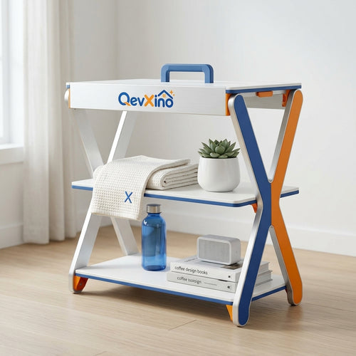 QevXino™ 3-Tier Portable Folding Storage Shelf with Top Carry Handle, Modern X-Frame Utility Organizer Rack for Bathroom, Bedroom & Living Room
