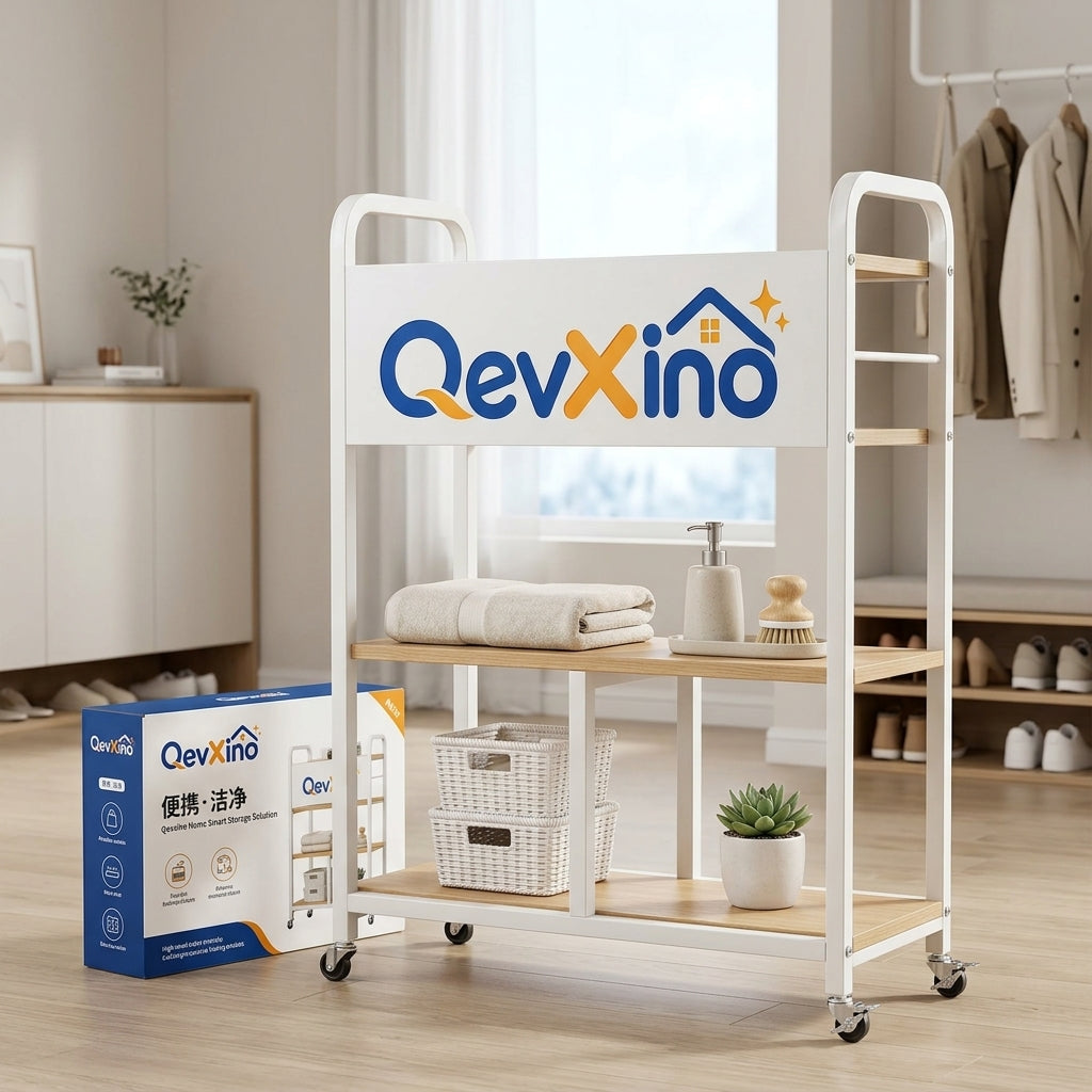 QevXino™ 3-Tier Rolling Utility Cart with Wood Shelves & Lockable Wheels, Heavy-Duty Mobile Storage Organizer for Bathroom, Laundry & Living Room