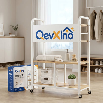 QevXino™ 3-Tier Rolling Utility Cart with Wood Shelves & Lockable Wheels, Heavy-Duty Mobile Storage Organizer for Bathroom, Laundry & Living Room