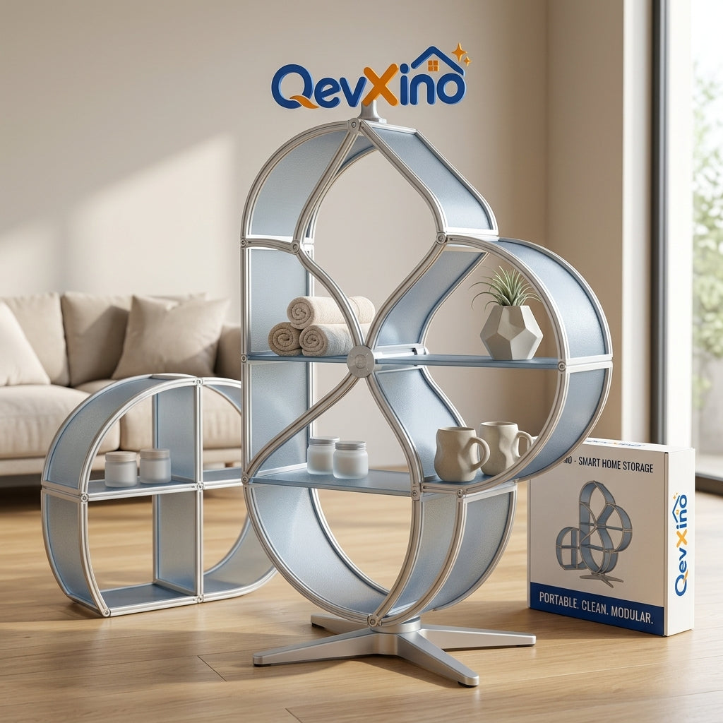 QevXino™ Modern Modular Curved Floor & Tabletop Display Shelf – Multi-Tier Frosted Panel Storage Organizer with Pedestal Base for Living Room, Bathroom & Vanity