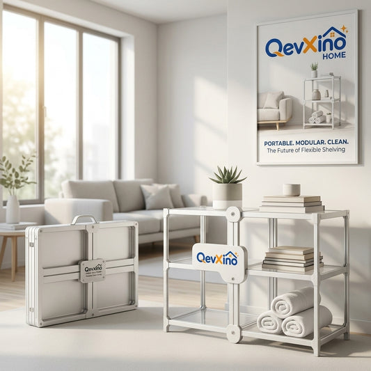 QevXino™ 3-Tier Portable Modular Foldable Shelving Unit – Collapsible Aluminum Frame Storage Organizer with Built-in Carry Handle for Living Room, Bathroom, Dorm & Small Spaces