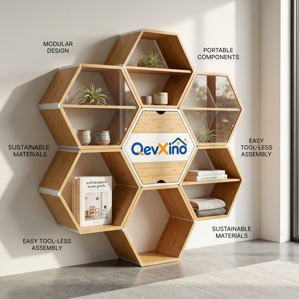 QevXino™ Modular Honeycomb Bookshelf – Eco-Friendly Bamboo Hexagon Display Shelf & Storage Organizer with Tool-Free Assembly