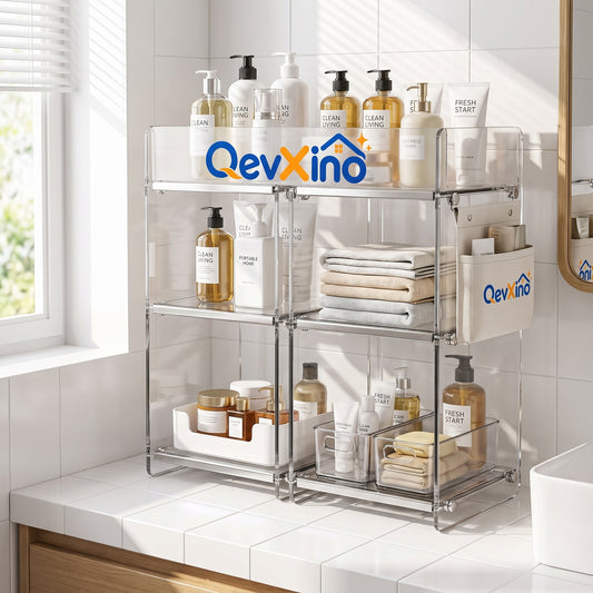 QevXino™ 3-Tier Clear Acrylic Countertop Organizer, Luxury Multi-Section Bathroom Vanity Shelf with Storage Bins & Side Fabric Pocket