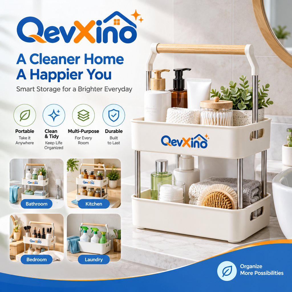 QevXino™ 2-Tier Portable Storage Caddy Organizer with Wooden Handle – Multi-Purpose Countertop & Under-Sink Organizer for Bathroom, Kitchen, Vanity & Laundry