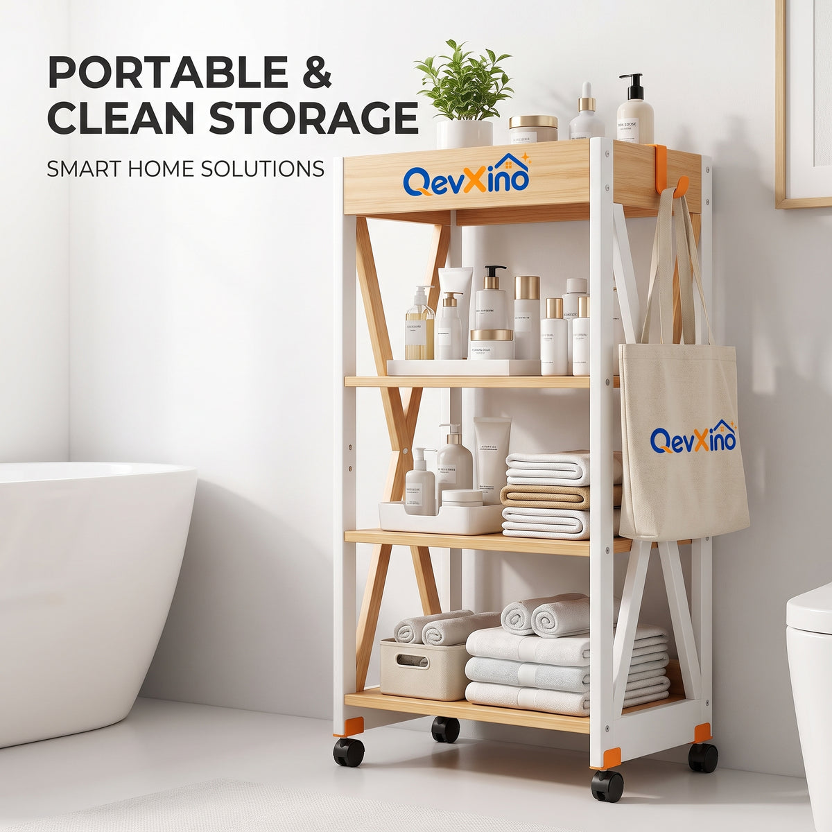 QevXino™ 4-Tier Rolling Storage Cart, Modern Wood & White Utility Organizer with Side Hook and 360° Caster Wheels for Bathroom, Laundry & Small Spaces