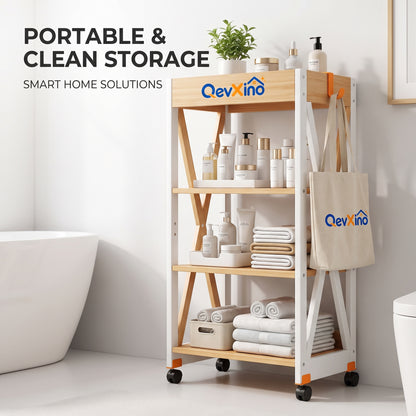 QevXino™ 4-Tier Rolling Storage Cart, Modern Wood & White Utility Organizer with Side Hook and 360° Caster Wheels for Bathroom, Laundry & Small Spaces