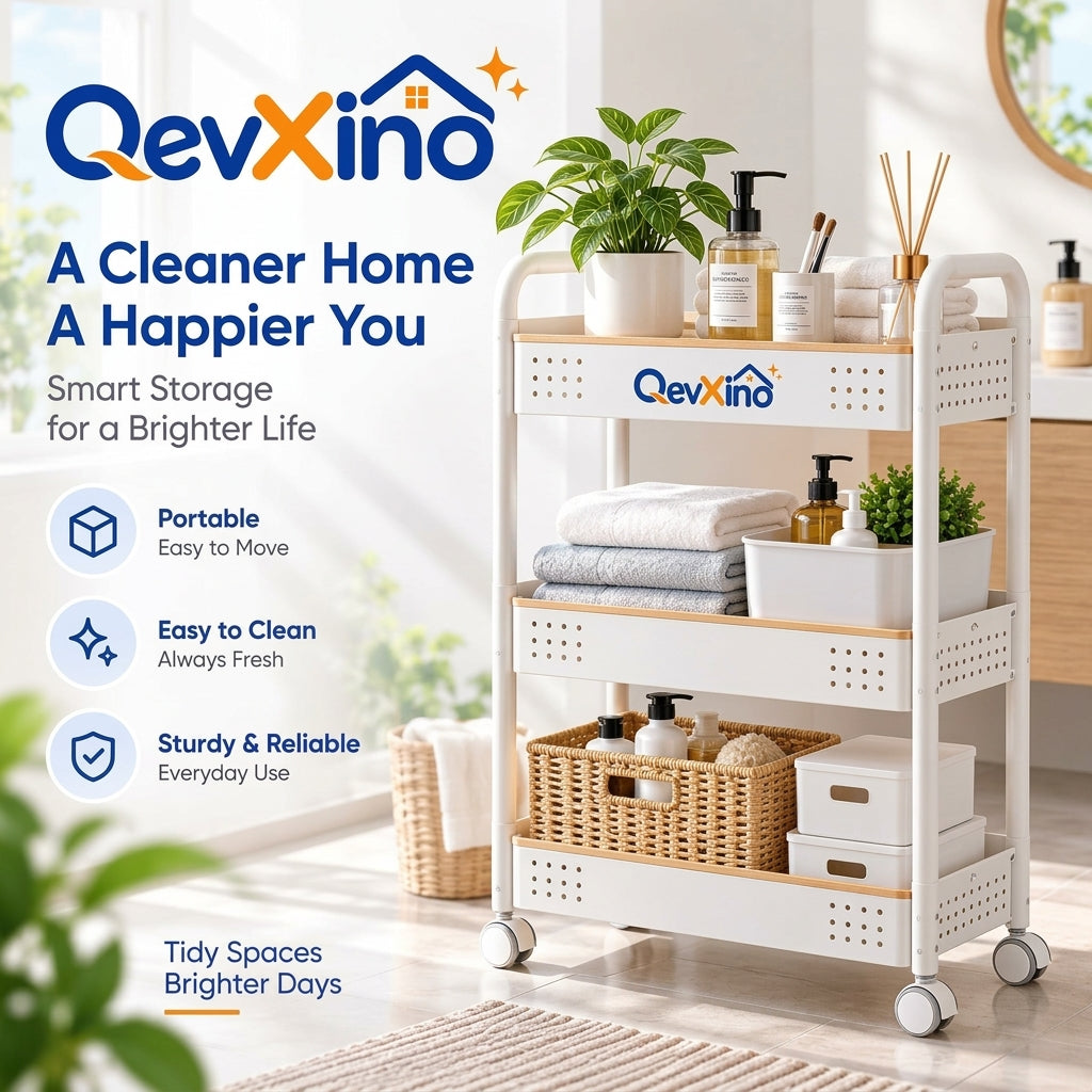 QevXino™ 3-Tier Rolling Utility Cart with Wood Accent Trim