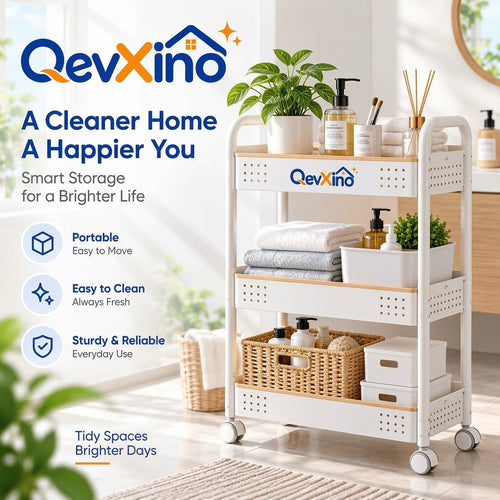 QevXino™ 3-Tier Rolling Utility Cart with Wood Accent Trim – Heavy-Duty Storage Organizer Trolley with 360° Caster Wheels for Bathroom, Kitchen, Laundry, and Nursery