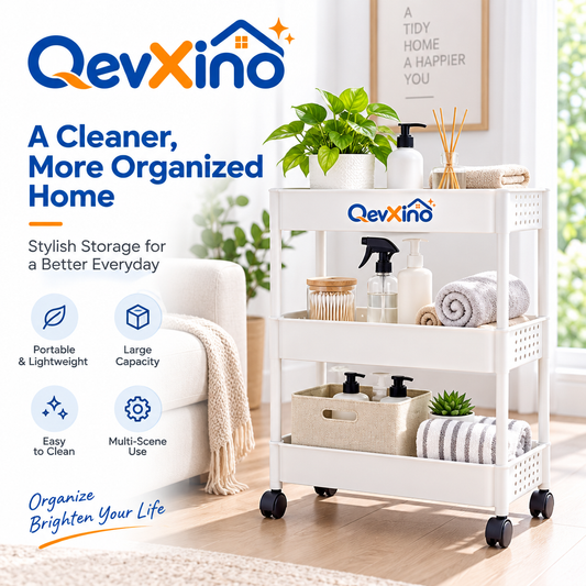 QevXino™ 3-Tier Rolling Utility Cart – Lightweight Mobile Storage Organizer with 360° Swivel Wheels & Ventilated Baskets for Bathroom, Kitchen, Bedroom & Living Room (White)