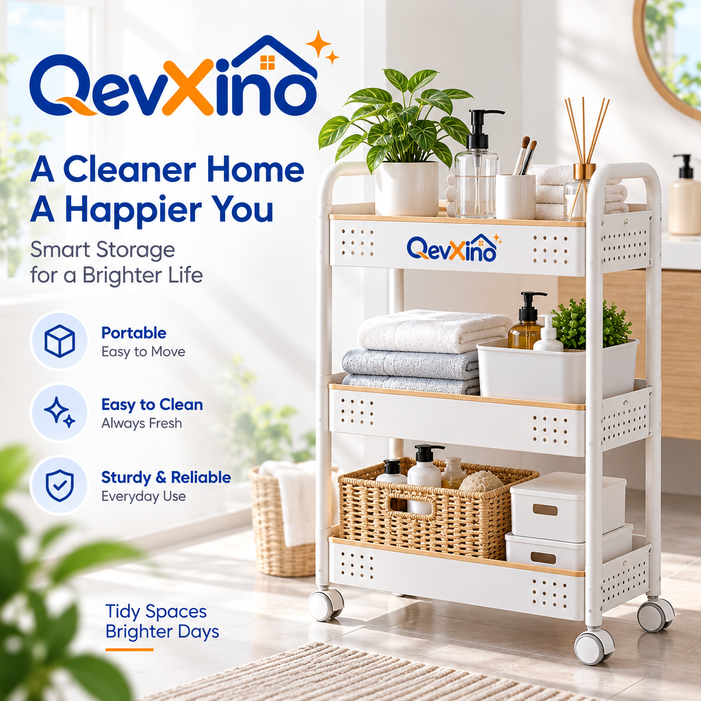 QevXino™ 3-Tier Rolling Utility Cart with Wood Accent Trim – Heavy-Duty Storage Organizer Trolley with 360° Caster Wheels for Bathroom, Kitchen, Laundry, and Nursery