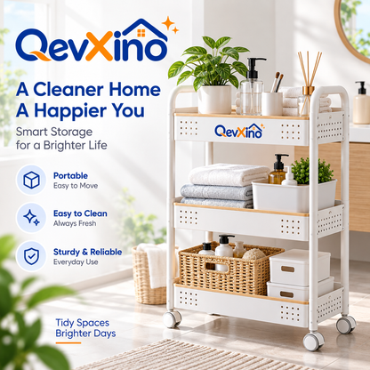 QevXino™ 3-Tier Rolling Utility Cart with Wood Accent Trim – Heavy-Duty Storage Organizer Trolley with 360° Caster Wheels for Bathroom, Kitchen, Laundry, and Nursery