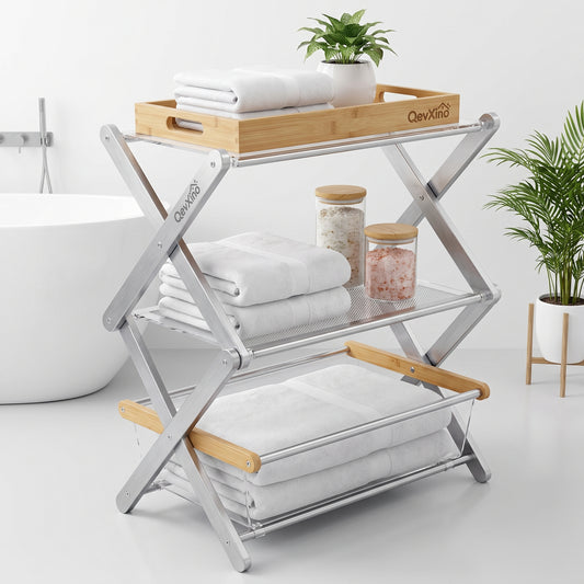 QevXino™ 3-Tier Foldable Bathroom Storage Rack – Modern X-Frame Freestanding Towel Organizer with Removable Bamboo Tray & Acrylic Basket