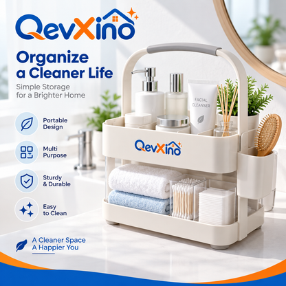 QevXino™ 2-Tier Portable Storage Caddy with Handle – Multi-Purpose Bathroom Countertop Vanity & Skincare Organizer Tote