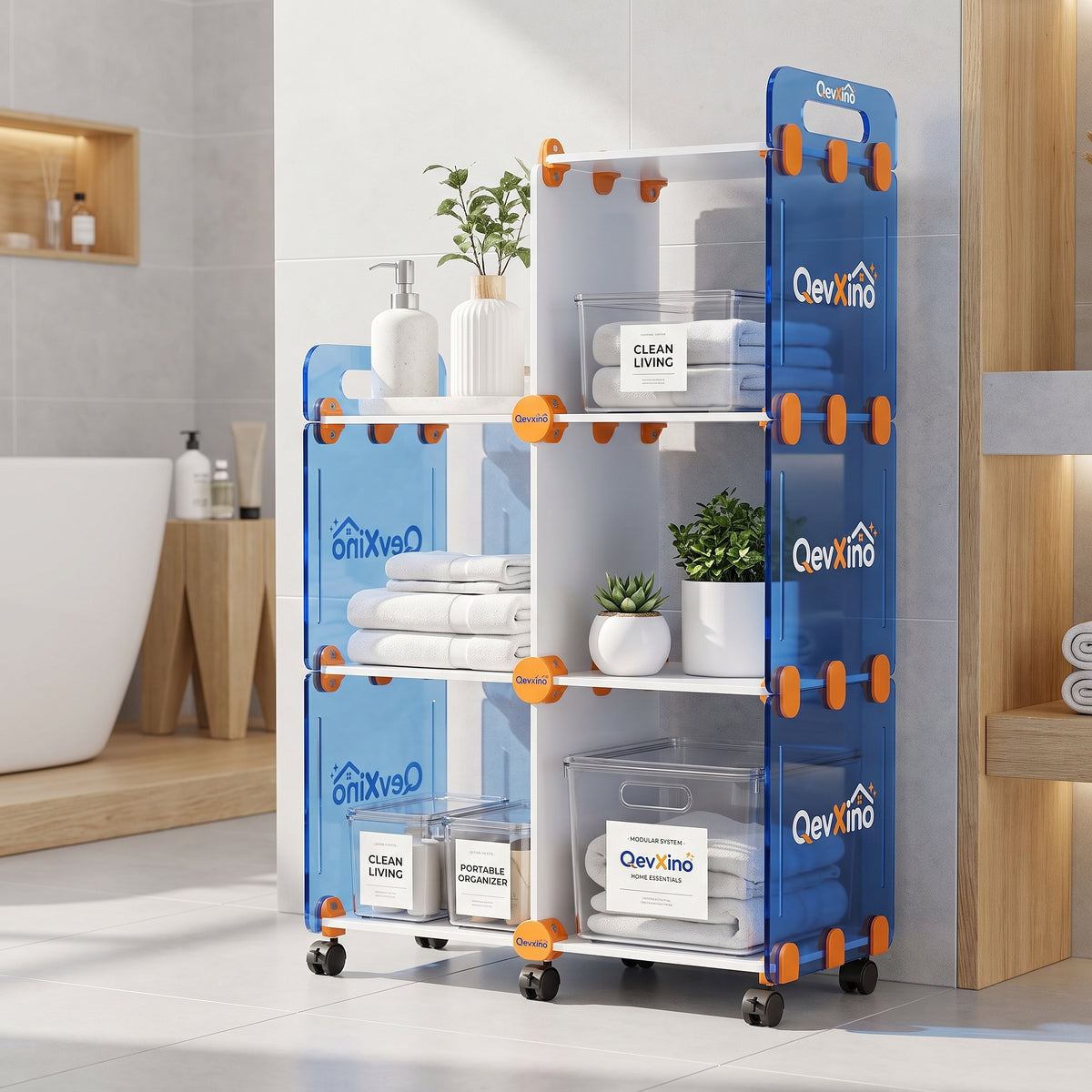 QevXino™ Multi-Tier Rolling Storage Cart with Translucent Blue Panels & 360° Swivel Wheels, Modular Utility Organizer Shelf for Bathroom, Kitchen & Living Spaces