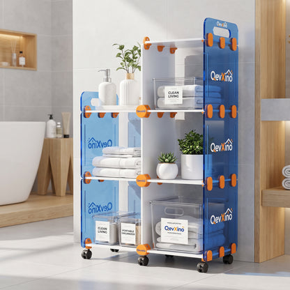 QevXino™ Multi-Tier Rolling Storage Cart with Translucent Blue Panels & 360° Swivel Wheels, Modular Utility Organizer Shelf for Bathroom, Kitchen & Living Spaces