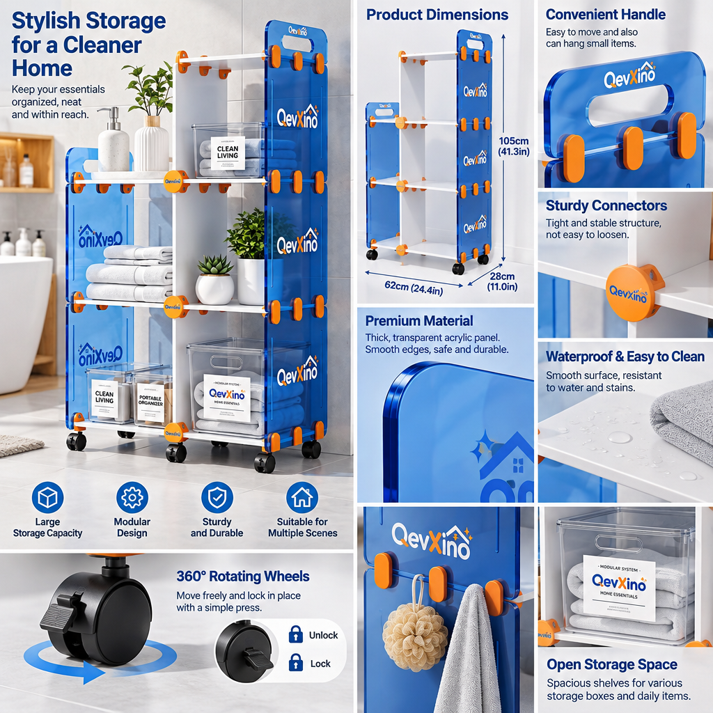 QevXino™ Multi-Tier Rolling Storage Cart with Translucent Blue Panels & 360° Swivel Wheels, Modular Utility Organizer Shelf for Bathroom, Kitchen & Living Spaces