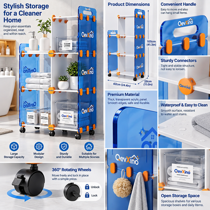 QevXino™ Multi-Tier Rolling Storage Cart with Translucent Blue Panels & 360° Swivel Wheels, Modular Utility Organizer Shelf for Bathroom, Kitchen & Living Spaces