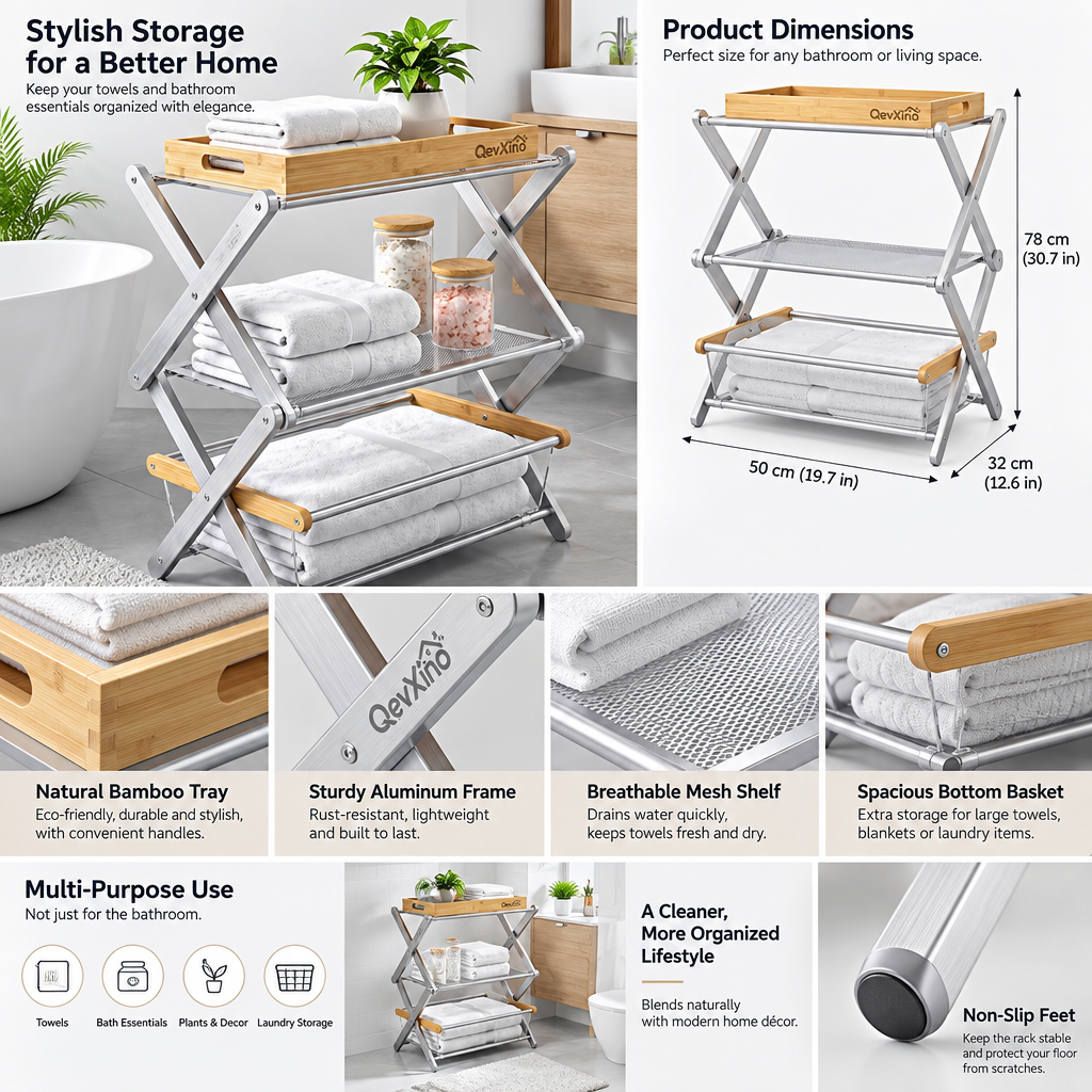 QevXino™ 3-Tier Foldable Bathroom Storage Rack – Modern X-Frame Freestanding Towel Organizer with Removable Bamboo Tray & Acrylic Basket