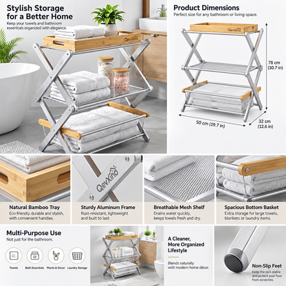 QevXino™ 3-Tier Foldable Bathroom Storage Rack – Modern X-Frame Freestanding Towel Organizer with Removable Bamboo Tray & Acrylic Basket