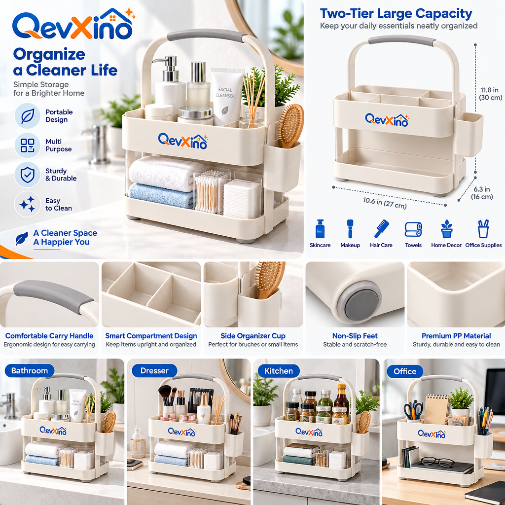 QevXino™ 2-Tier Portable Storage Caddy with Handle – Multi-Purpose Bathroom Countertop Vanity & Skincare Organizer Tote