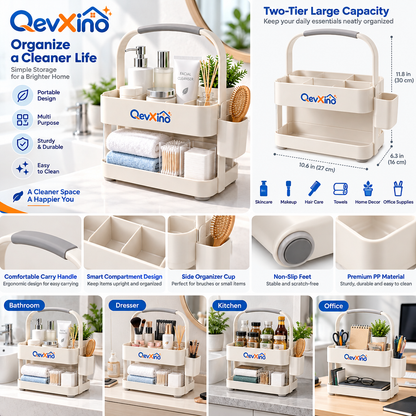 QevXino™ 2-Tier Portable Storage Caddy with Handle – Multi-Purpose Bathroom Countertop Vanity & Skincare Organizer Tote