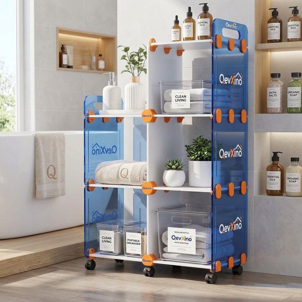 QevXino™ Multi-Tier Rolling Storage Cart with Translucent Blue Panels & 360° Swivel Wheels, Modular Utility Organizer Shelf for Bathroom, Kitchen & Living Spaces