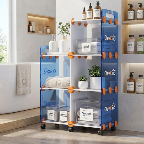 QevXino™ Multi-Tier Rolling Storage Cart with Translucent Blue Panels & 360° Swivel Wheels, Modular Utility Organizer Shelf for Bathroom, Kitchen & Living Spaces
