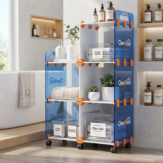 QevXino™ Multi-Tier Rolling Storage Cart with Translucent Blue Panels & 360° Swivel Wheels, Modular Utility Organizer Shelf for Bathroom, Kitchen & Living Spaces