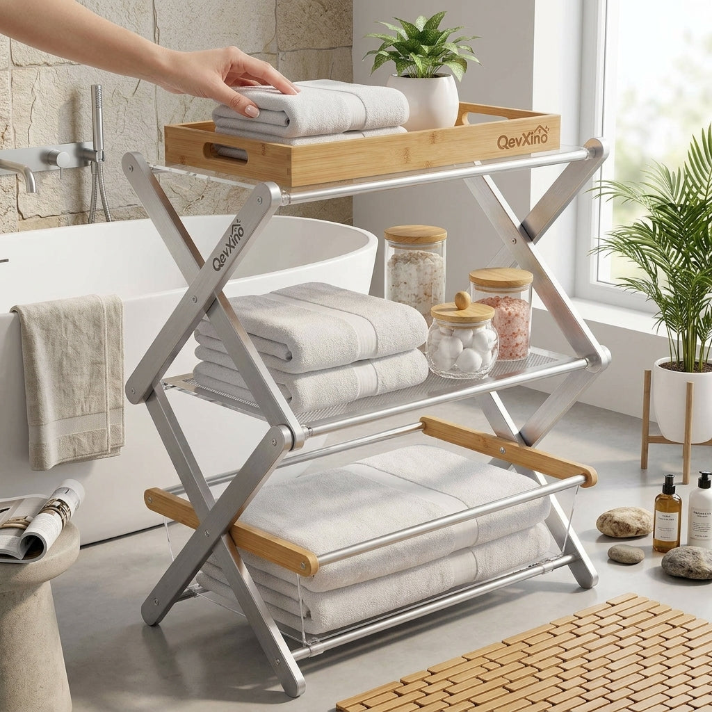 QevXino™ 3-Tier Foldable Bathroom Storage Rack – Modern X-Frame Freestanding Towel Organizer with Removable Bamboo Tray & Acrylic Basket