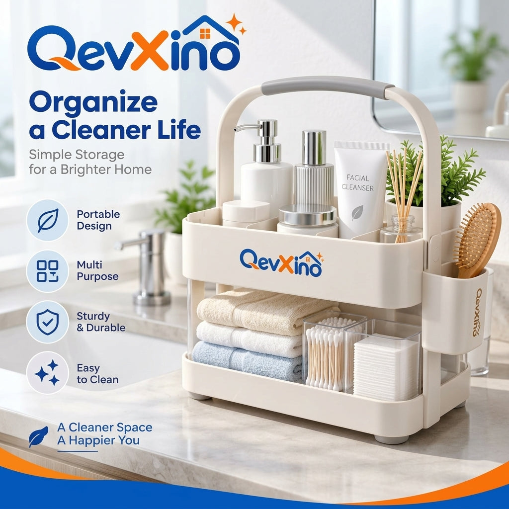 QevXino™ 2-Tier Portable Storage Caddy with Handle – Multi-Purpose Bathroom Countertop Vanity & Skincare Organizer Tote