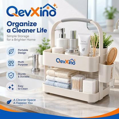 QevXino™ 2-Tier Portable Storage Caddy with Handle – Multi-Purpose Bathroom Countertop Vanity & Skincare Organizer Tote