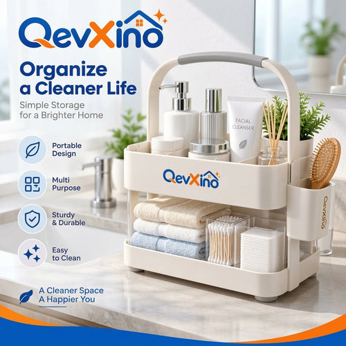 QevXino™ 2-Tier Portable Storage Caddy with Handle – Multi-Purpose Bathroom Countertop Vanity & Skincare Organizer Tote