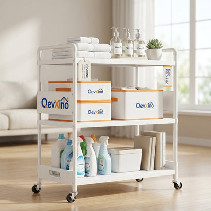 QevXino™ 3-Tier Collapsible Rolling Utility Cart, Multi-Purpose Heavy-Duty Metal Organizer Trolley with Lockable Wheels & Handles for Laundry, Bathroom, Kitchen, and Living Room – White