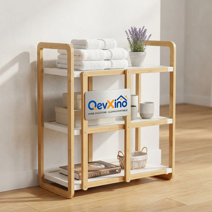 QevXino™ 3-Tier Bamboo Storage Shelf, Freestanding Multipurpose Organizer Rack with Built-in Handles for Bathroom, Living Room, Bedroom & Kitchen - Natural & White