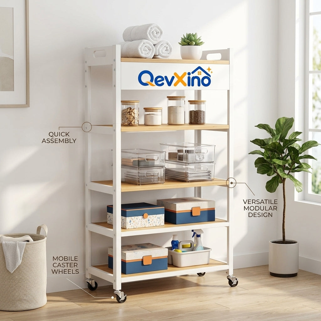 QevXino™ 5-Tier Mobile Utility Storage Cart, Rolling Organizer Shelving Unit with Locking Caster Wheels and Built-In Handles for Kitchen, Bathroom, Laundry & Living Room (White & Natural Wood)