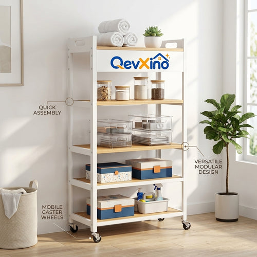 QevXino™ 5-Tier Mobile Utility Storage Cart, Rolling Organizer Shelving Unit with Locking Caster Wheels and Built-In Handles for Kitchen, Bathroom, Laundry & Living Room (White & Natural Wood)