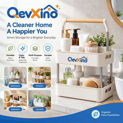 QevXino™ 2-Tier Portable Storage Caddy Organizer with Wooden Handle – Multi-Purpose Countertop & Under-Sink Organizer for Bathroom, Kitchen, Vanity & Laundry
