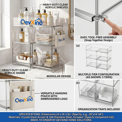 QevXino™ 3-Tier Clear Acrylic Countertop Organizer, Luxury Multi-Section Bathroom Vanity Shelf with Storage Bins & Side Fabric Pocket