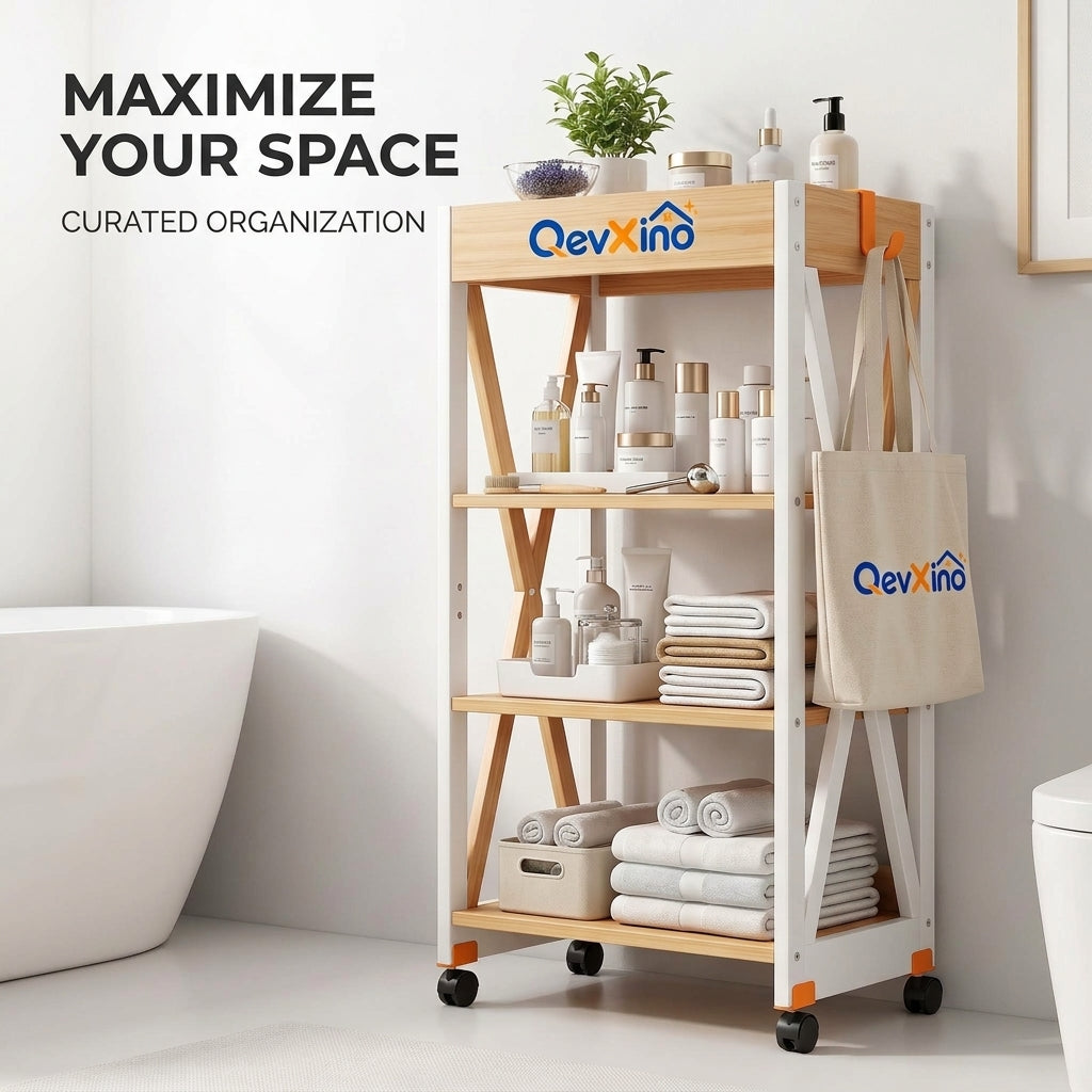 QevXino™ 4-Tier Rolling Storage Cart, Modern Wood & White Utility Organizer with Side Hook and 360° Caster Wheels for Bathroom, Laundry & Small Spaces